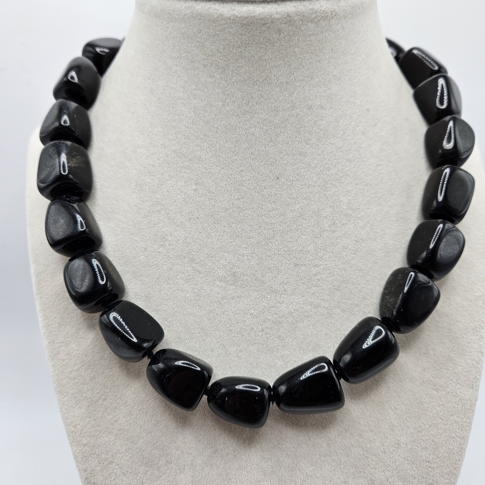 VINTAGE Black Glass Chunky Statement Strand Necklace